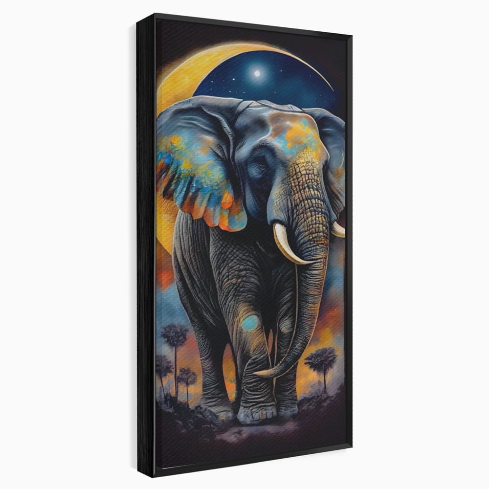 Tablou canvas cu tablou canvas cu elefant colorat si luna, in rama de aluminiu negru